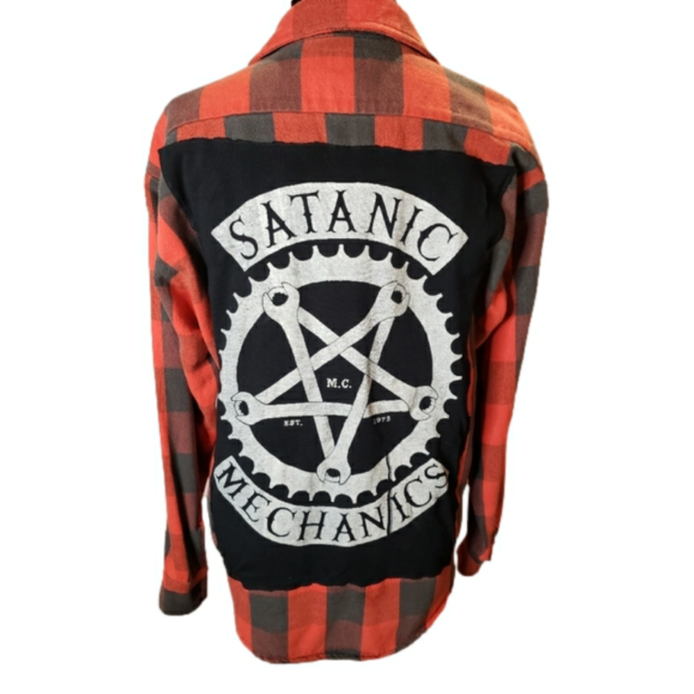 Satanic Mechanic grunge flannel custom OOAK check punk patch Codet shirt